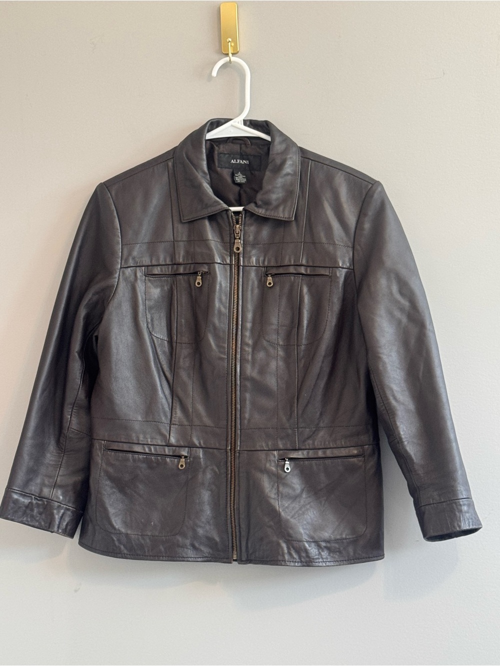 Alfani Women’s 100% Leather Brown Zip Front Jacket Size Large